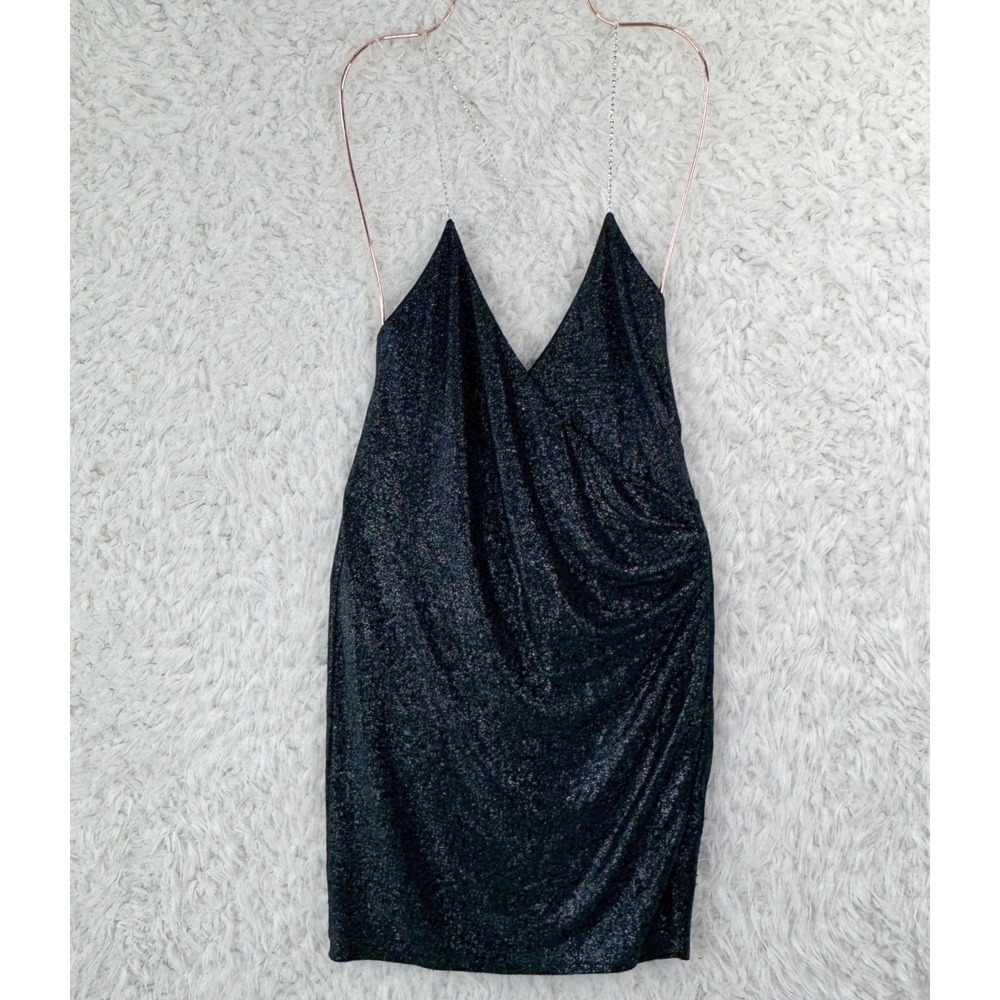 Michelle Mason Mini Dress‎ Size 0 Black Metallic Rhinestone Strap Glam Cocktail